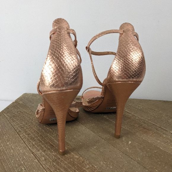 Schutz Strappy High Heel Sandal metallic Rose Gold Snake skin sz 5B Ankle strap - Picture 2 of 7